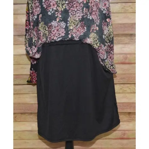 Nina Leonard Black Floral Boho Long Bell Sleeve Knee Length Dress Plus Size 2X