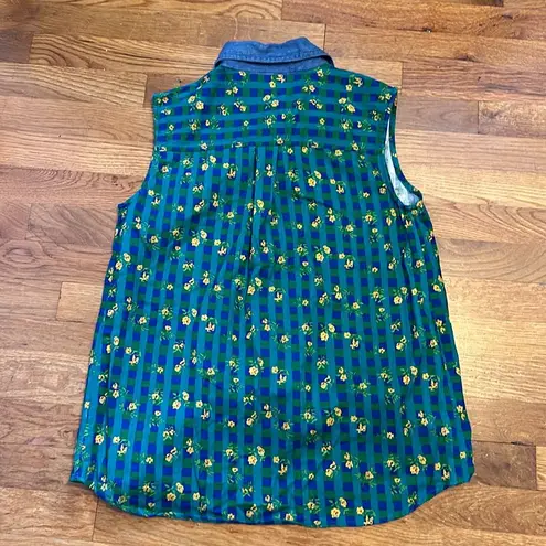 Rhythm Blue Vintage 90s Checker Flower Green Sleeveless Denim Size Medium
