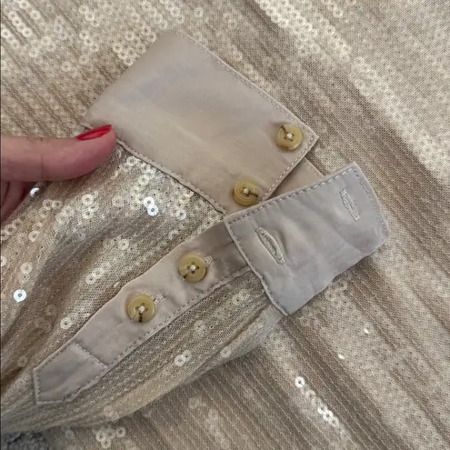 Pilcro Sequined Long Sleeve Mini Shirt Dress nude tan collared festive cocktail