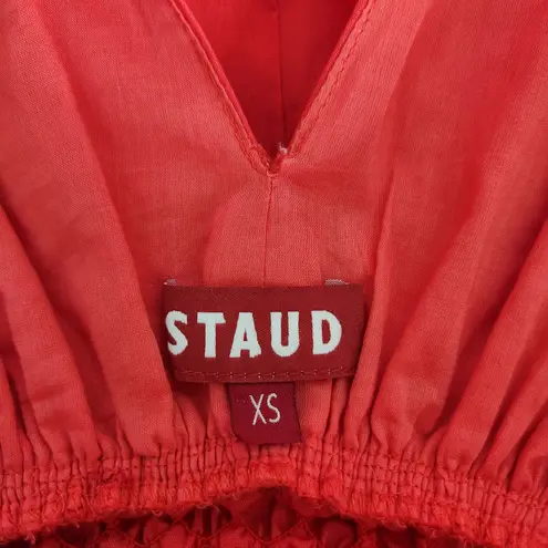 STAUD Jackson Hibiscus Red Smocked Midi Dress Cotton Poplin Holiday Fit & Flare