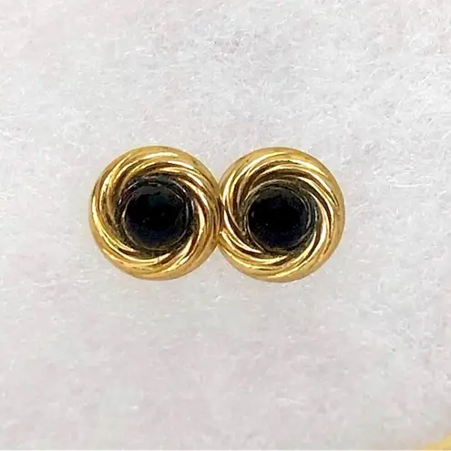 Onyx 14k Gold Swirl Button and Cabochon Stud Vintage Earrings