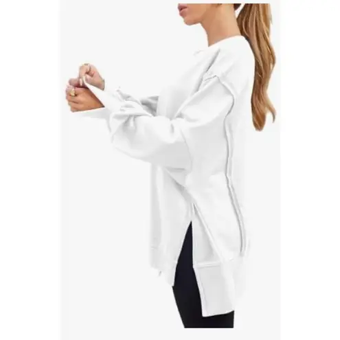 AUTOMET Womens Oversized Sweatshirts Casual Crew Neck Pullover Long Sleeve Slit White Size XL