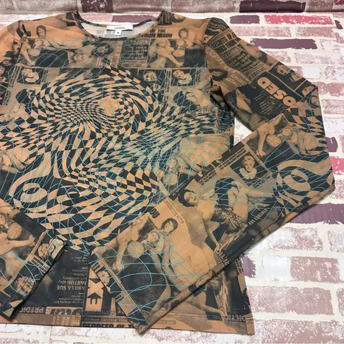 Miaou Graphic Mesh Top in Black and Tan Size M Brown Size M