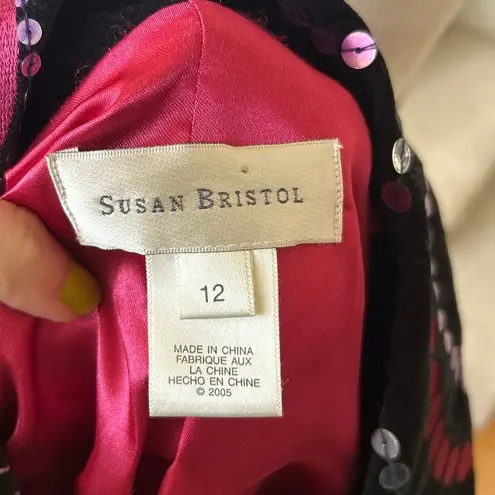 Susan Bristol Vintage Y2K Black Velvet Embroidered Pink Sequin Polka Dot Jacket