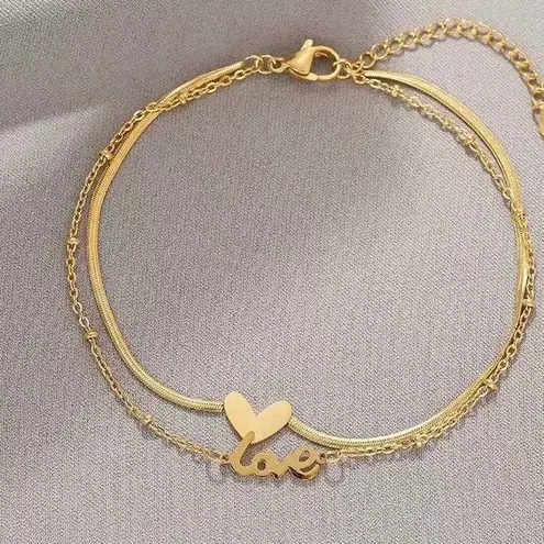 Adjustable Layered Love Heart Anklet for Women Gold