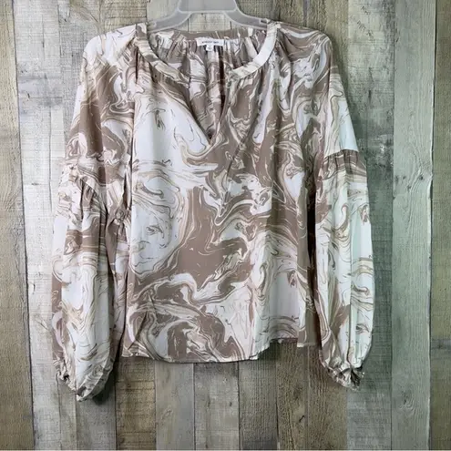 August Sky Size Large Cream & Tan Long Balloon Sleeves Square Neck Tie B…