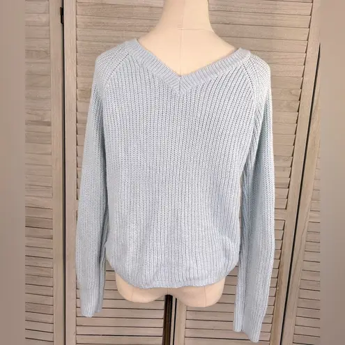 JOLIE & JOY Cropped V Neck Sweater with Drawstring Adjustable Hem Light Blue