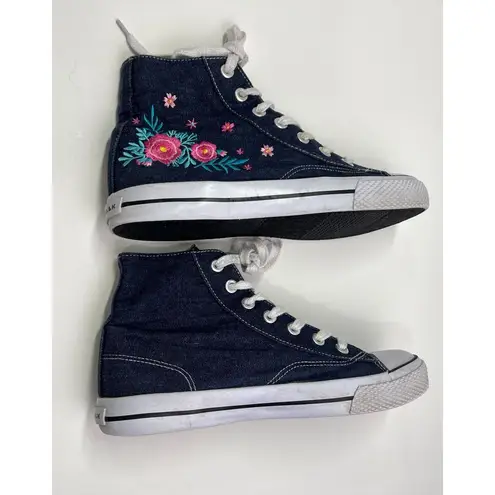 Airwalk Sneaker Womens 10 Navy Denim Embroidered Flowers Lace Up High Top Shoes