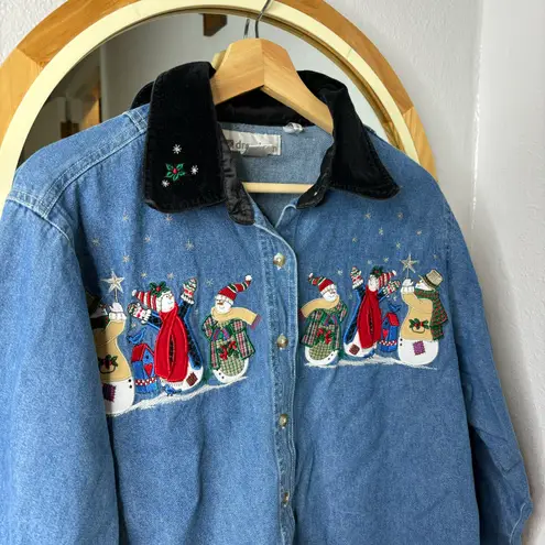 Dress Barn  vintage Christmas snowmen button up Jean shirt with velvet collar