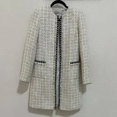 Tahari ASL White Black Tweed Boucle Pearl Trim Fringe Jacket Coat Size 2