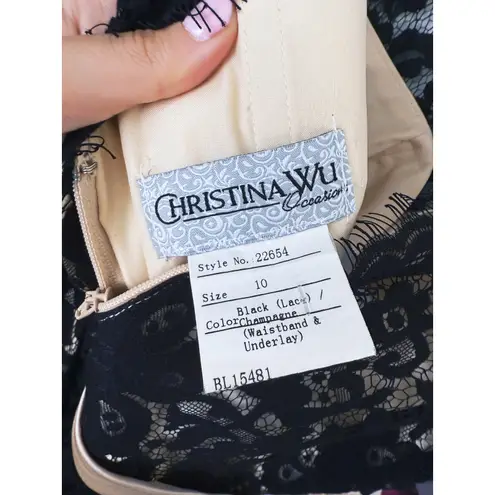 Christina Wu Lace Mini Dress Ribbon Waist Jewel Bow 10 Black Coquette Cocktail