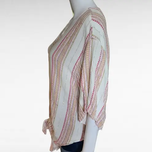 Tribal Fuchsia White Embroidered Vertical Stripe Tie Waist Blouse Size Large