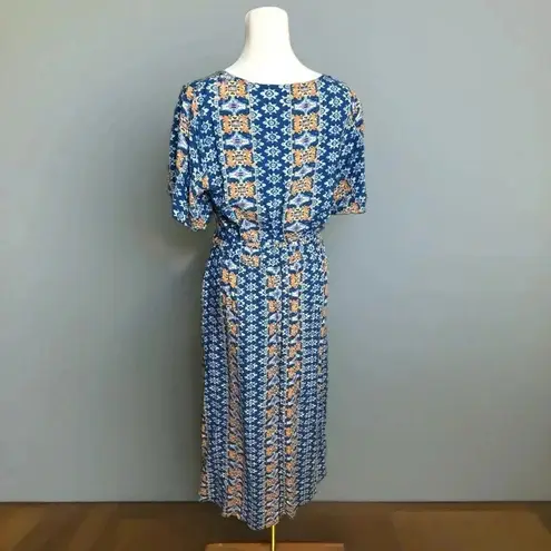 HAPTICS Navy Boho Print Surplice Sash Belt Midi Dress Short Sleeve New Blue
