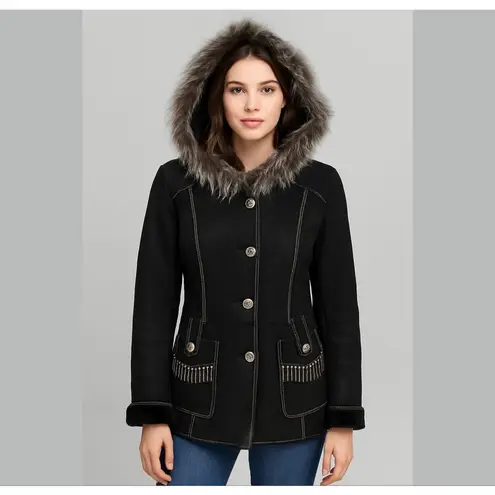 MODA'S genuine shearling suede fur coat jacket winter coat brown warm Sz M Black Size M