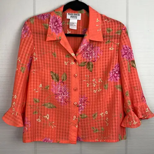 Plaza South Petite 2 Piece Gingham Orange Maxi Dress & Floral Button Up Top 12P