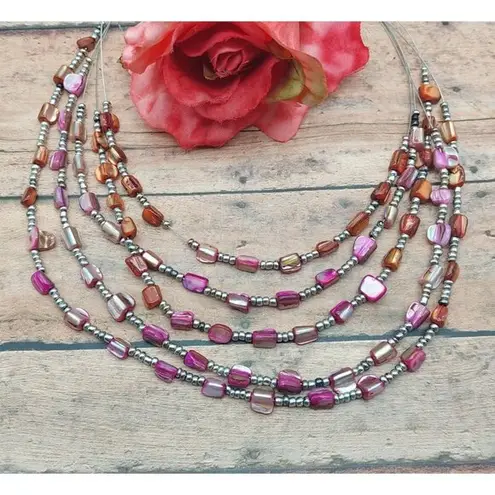 Beachy Silver Tone Pink Dyed Abalone Shell Multi Strand Wire Collar Bib Necklace