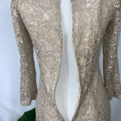London Times Golden Tan Lace Overlay Midi Dress Rosegold Rhinestone Neck Size 4