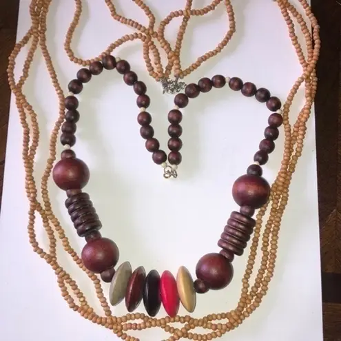 Vintage Lot of 2 Wooden Beaded Chunky Statement Necklaces Brown