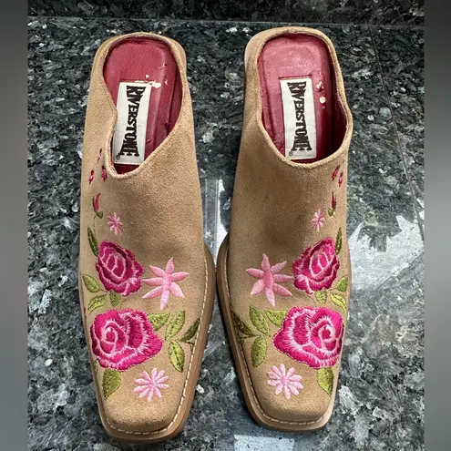 Vintage Riverstone Rosebuds Women’s Brown Leather Suede Western Clogs Y2K Size 9 Tan