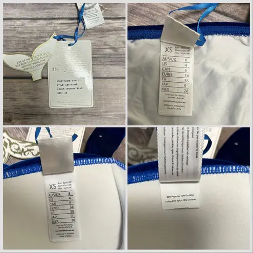 Lisa Blue Velvet Sorceres Halter Center Gold Ring Padded Side Tie Bikini NWT XS