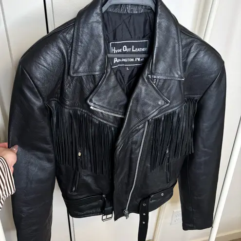 Vintage Hyde Out Leather Black Fringe Leather Jacket Size L