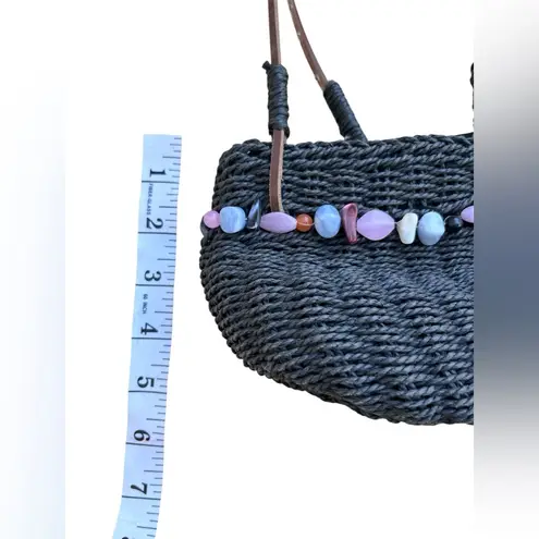 VTG Y2K Sun N Sand Small Straw Handbag With Natural Sea Glass Beads 8” Black