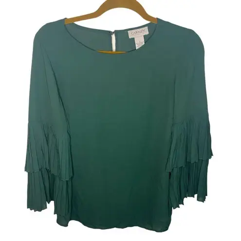 Carmen Marc Valvo Green Fringe Sleeve Blouse