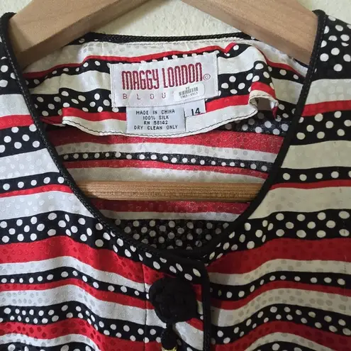 Maggy London Blouse Red White Striped Polka Dot Button Front Silk Top Size 14