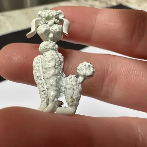 White Enamel Poodle Dog With Green Rhinestone Eyes Brooch Pin