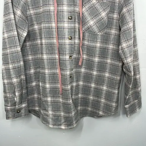 Apricot Lane Flannel Plaid Long Sleeve Front Button Closure With Hood Shirt Gray Small Cotton