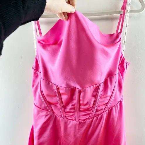 Retrofete Rosa Corset Drape Open Back Satin Maxi Slip Gown Dress Hot Pink Large
