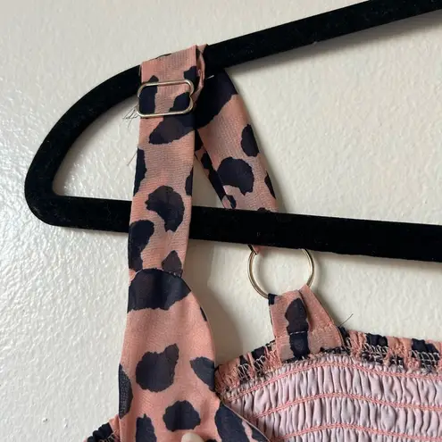 MELLODAY NWT XS Maxi Dress Leopard Print Pink Black Scallop Neckline Ruched Back