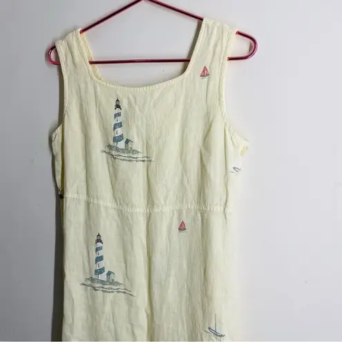 Mill Valley Vintage Linen Maxi Dress Sailboat Lighthouse Print Yellow size S