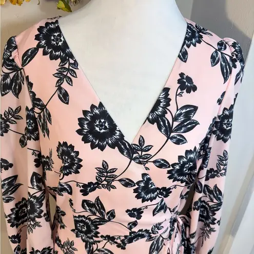 Eliza J Pink and Navy Floral Faux Wrap 3/4 Sleeve Tiered Midi Dress Sz 12