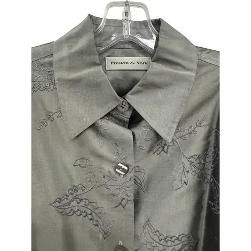 Preston & York Women's Silk Button Up Shirt Gray Floral Embroidery Size M