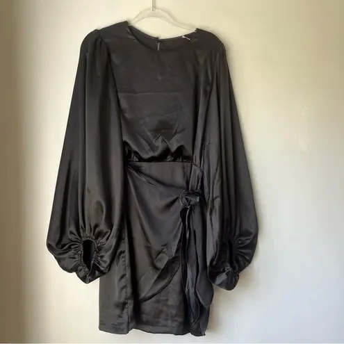 Petal and Pup  Opal Black Satin Long Balloon Sleeve Wrap Mini Dress 14