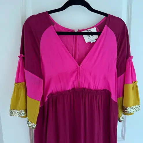 Figue Silk Crepe Pink Colorblock Gold Sequin Trim Midi Dress Bohemian | S