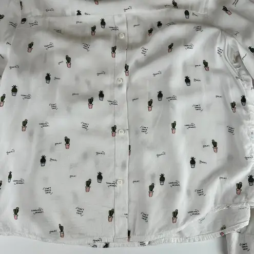 Bershka BSKGIRL Cactus Print Women's Button Down Long Sleeve Shirt White Size S
