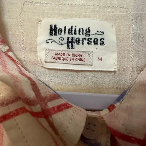 Holding Horses ANTHROPOLOGIE Medium Western Pink Plaid Sheer Blouse Top BOHO