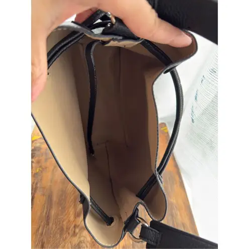 Pebbled Vegan Leather Drawstring Detachable Strap Bucket Bag Black