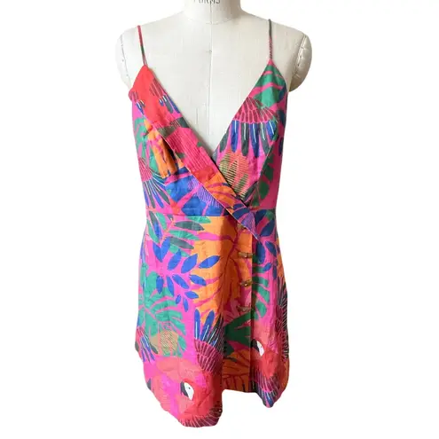 Farm Rio Linen Bright Macaw Side Buttons Mini Dress Size Large