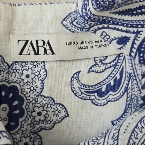 ZARA  White & Blue Linen Blend Paisley Patterned Fit & Flare Summer Dress Size XS