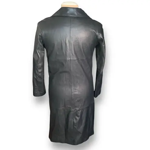 L’Univers Du Luxe Black Leather Longline Trench Coat Zipper Pockets Button Down Black