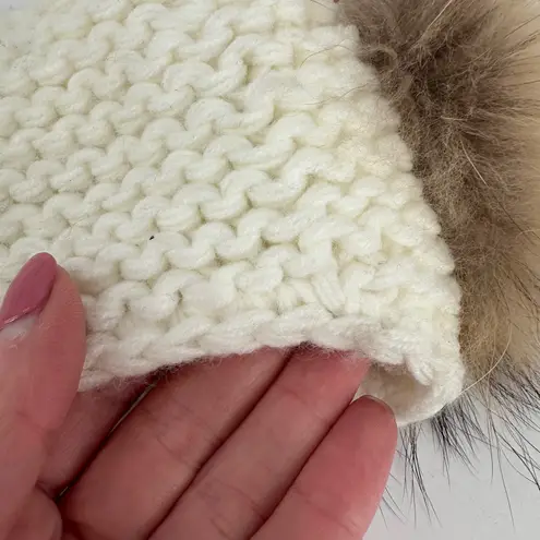 Linda Richards NEW YORK Cream Knit Ear Warmer Headband Genuine Fur Pom Poms Brown