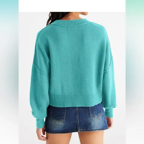 Sweater Womens L Blue Crop Top Crewneck Cropped Batwing Sleeve Ribbed Tops D1 Size XL