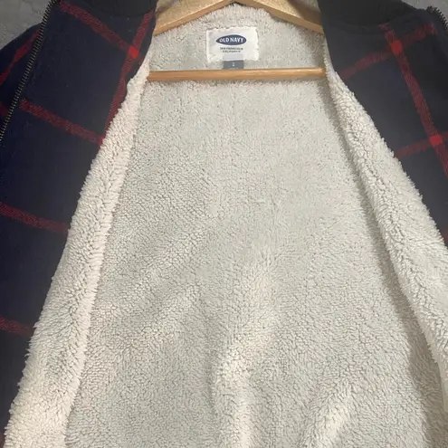 Old Navy  Women's Blue and Red Windowpane Plaid Fleece-Lined Zip-Up Bomber Jacket