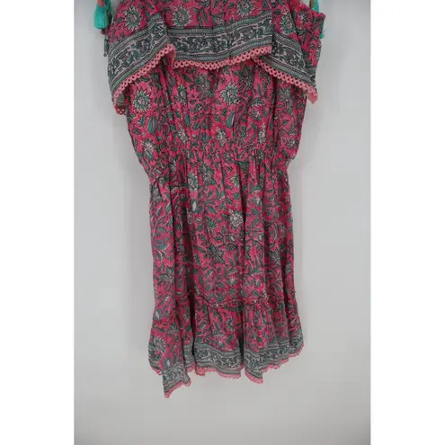 ALICIA BELL Floral Print Tassel Tie Shoulder Dress XL Red Blue Silk Cotton