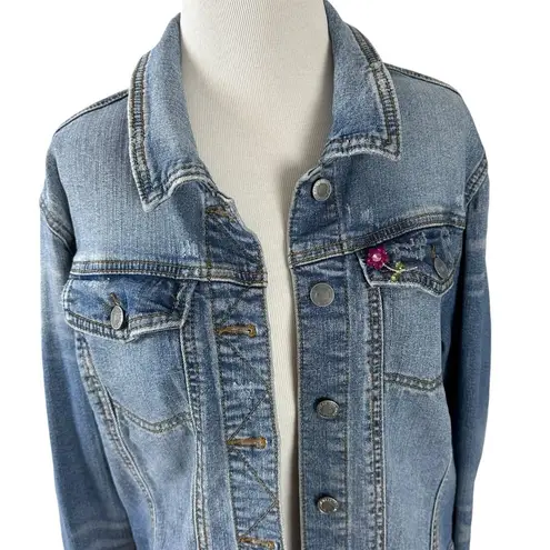 Vintage Flower Brooch & Mossimo Denim Jacket Size XXL Bohemian Fall Distressed Blue