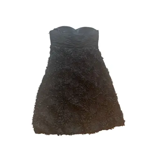 Sue Wong Black Strapless Cocktail Dress Textured Floral Rosettes Size 4