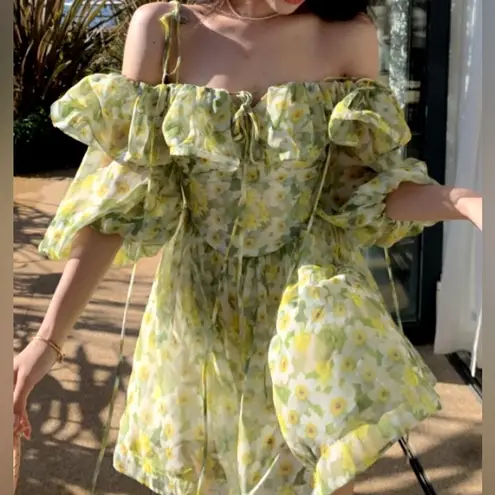 Anthropologie Dear Jose Stella Off-Shoulder Mini Dress tie front bow daisy floral corset drop